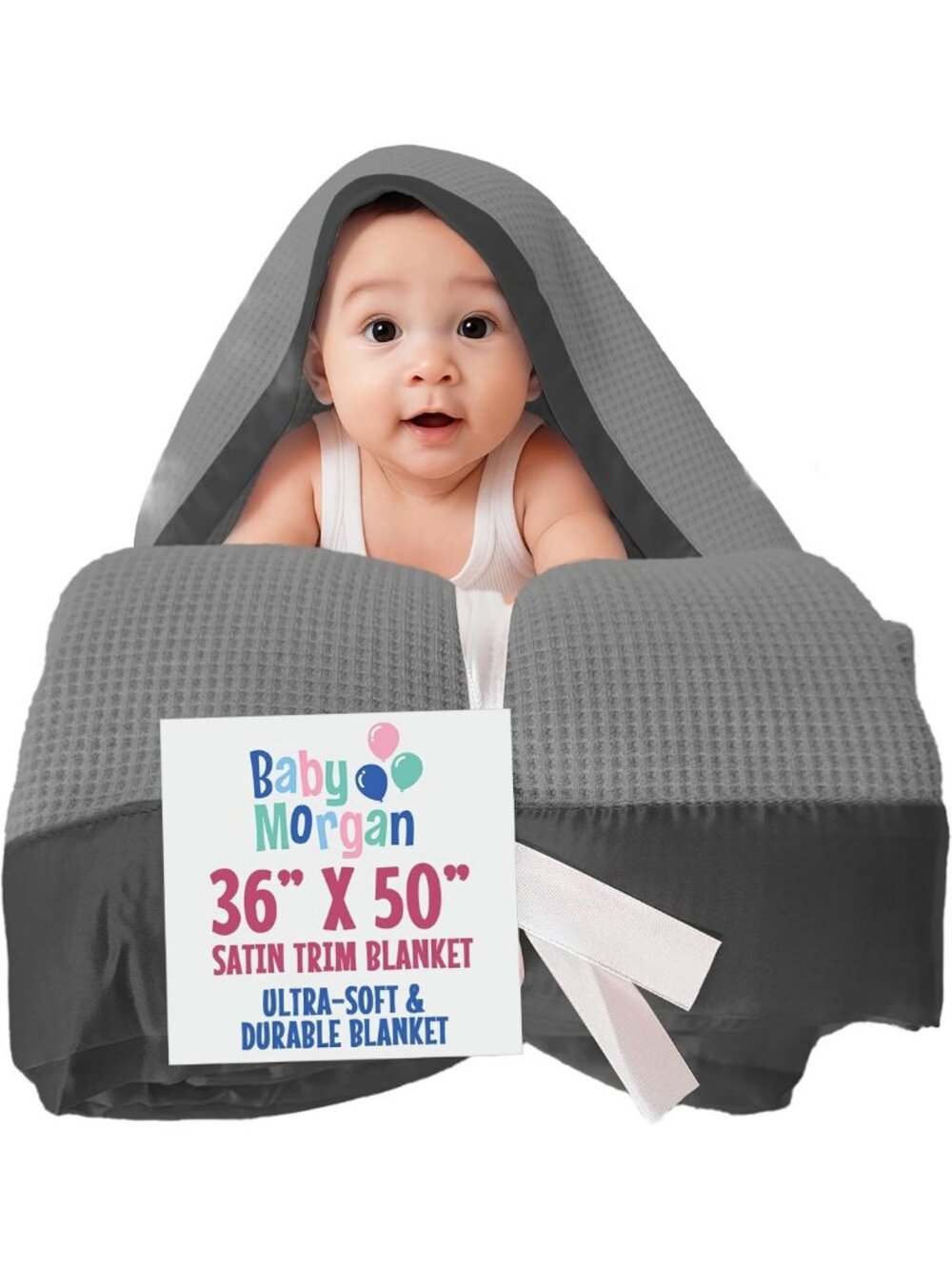 Cozy Gray Thermal Waffle Knit Baby Blanket with Satin Trim, 36" x 50